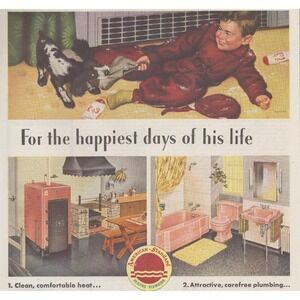 Vintage 1947 American Standard Print Ad Pink Bathroom Boy Dog 1940s Home Decor